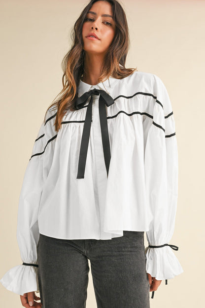 Black Pipping Ribbon Bowtie Collared Ruffled Puff Sleeve Shirt | White