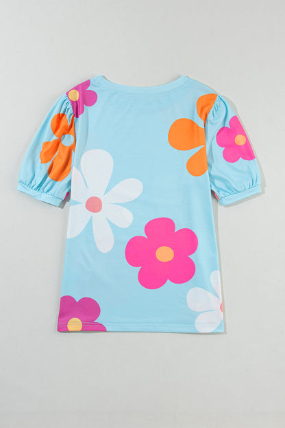 Flower Print Bubble Sleeve Tee | Sky Blue