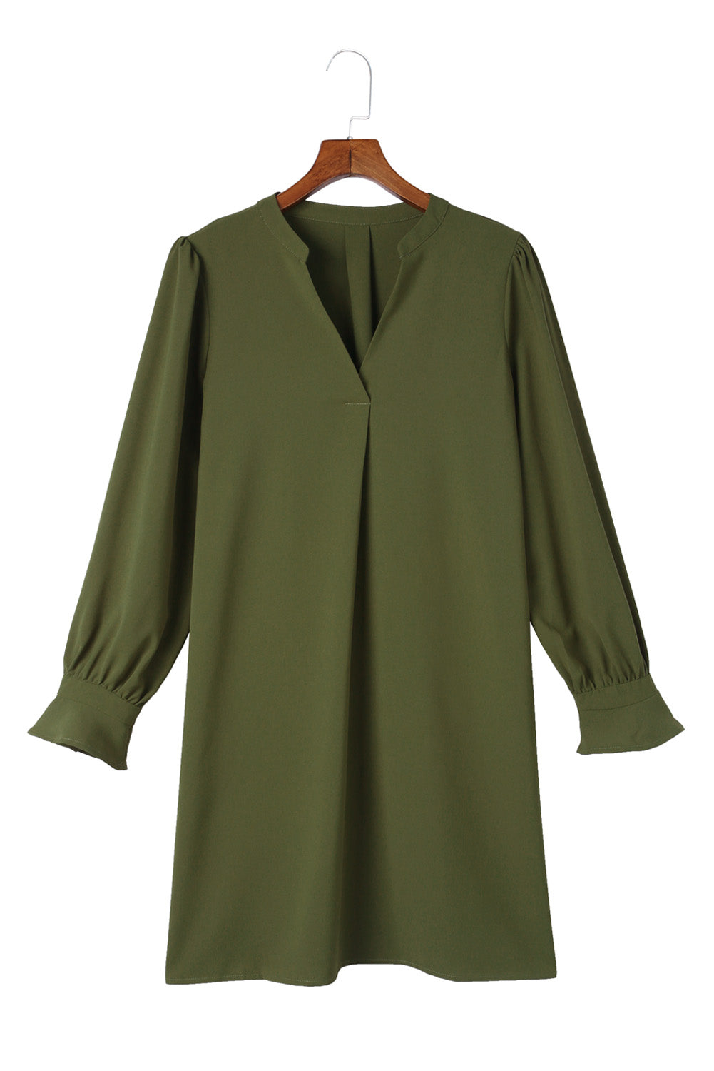 Split V Neck Ruffled Sleeves Shirt Dress | Green