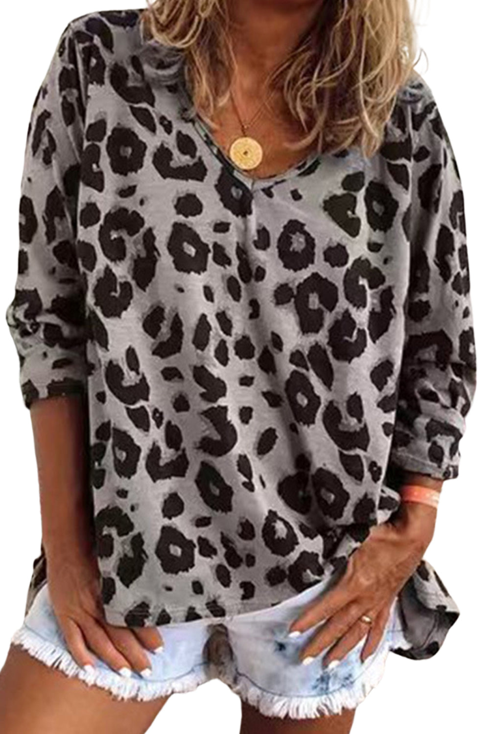 Leopard Split Joint V Neck Long Sleeve Top | Gray