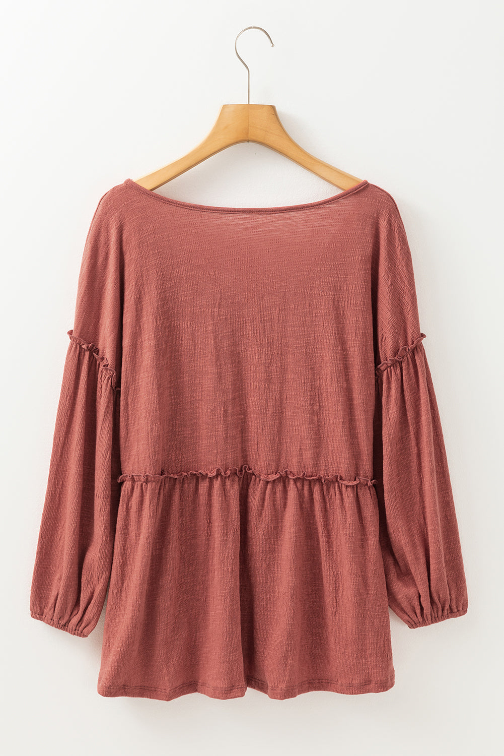 Solid Colour Textured Frilled Trim V Neck Puff Sleeve Blouse | Mineral Red