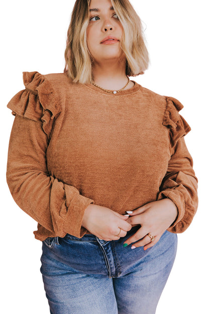 Plus Size Solid Ruffled Tiered Long Sleeve Top | Brown