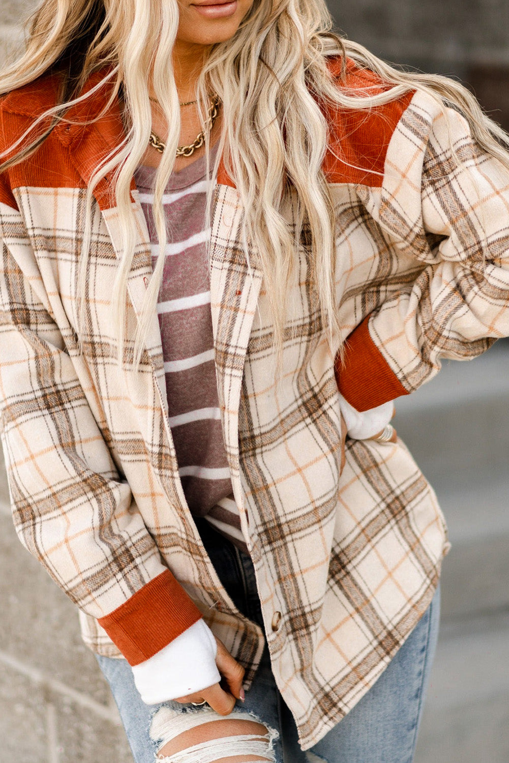 Contrast Corduroy Plaid Shacket | Orange