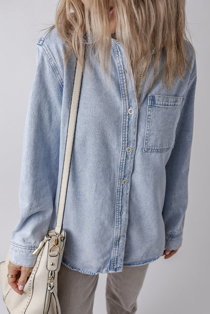 Long Sleeve Buttoned Chest Pocket Denim Shacket | Beau Blue