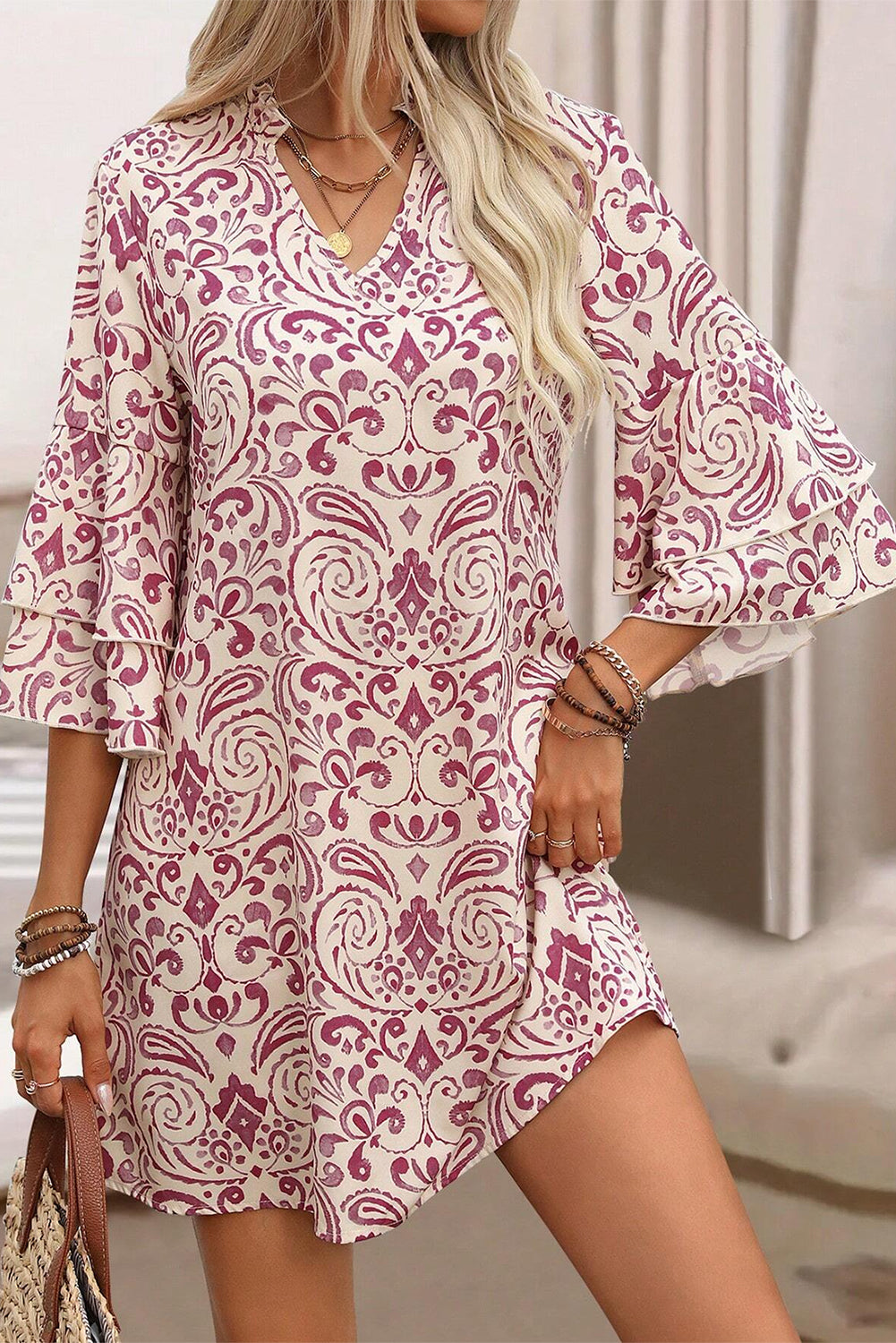 Paisley Print Tiered 3/4 Sleeve Notched Neck Mini Dress | Pink