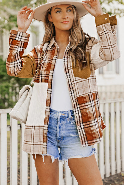 Plaid Colour Block Patchwork Shirt Jacket With Pocket | Orange