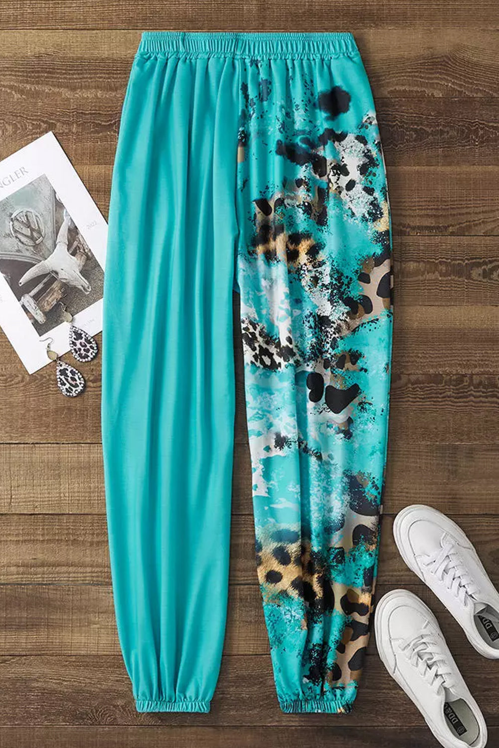 Contrast Leopard Tie-Dye Print Jogger Pants | Light Blue