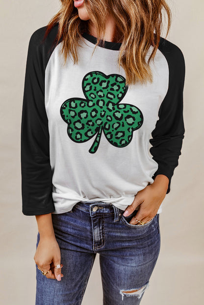 Leopard Spotted Clover St Patrick Graphic Long Sleeve Tee | Black