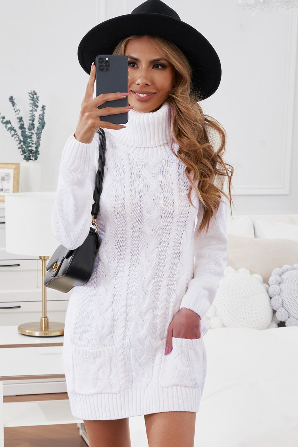 Cowl Neck Cable Knit Sweater Dress | White