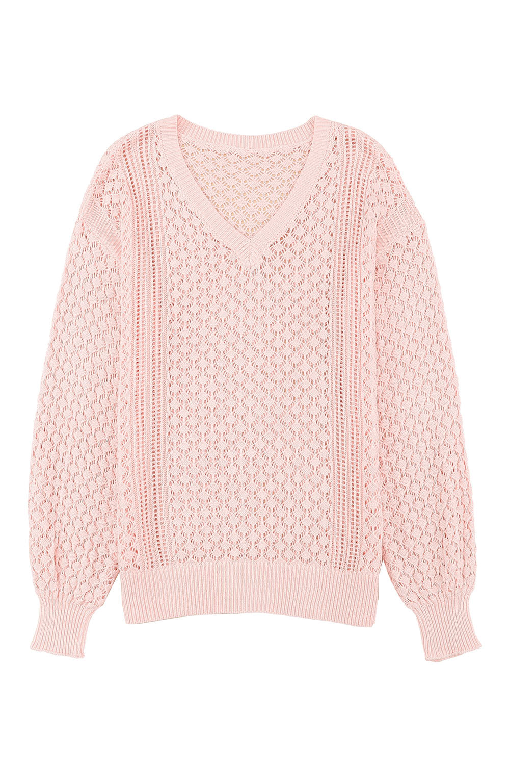 Loose Pointelle Knit Ribbed V Neck Sweater | Pink