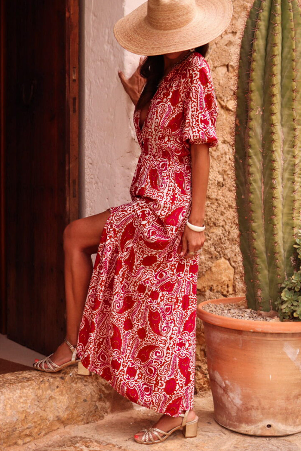 Paisley Print Side Slit Puff Sleeve High Waist Maxi Dress | Red