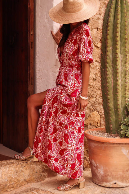 Paisley Print Side Slit Puff Sleeve High Waist Maxi Dress | Red