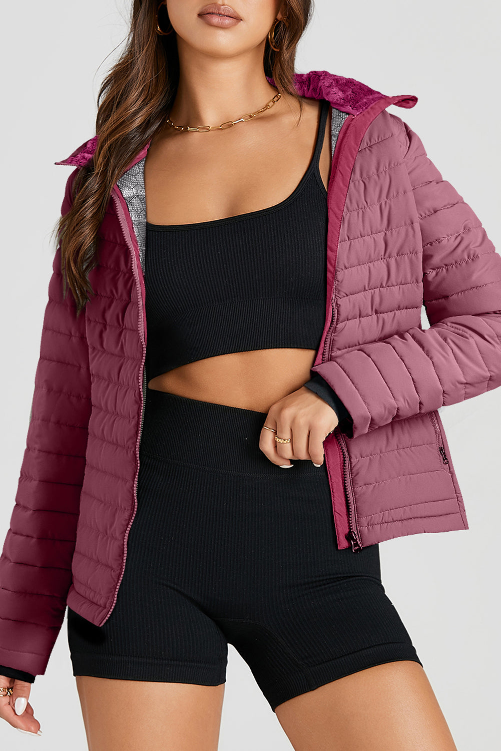 Burgundy Solid Color Quilted Zip-up Puffer Jacket