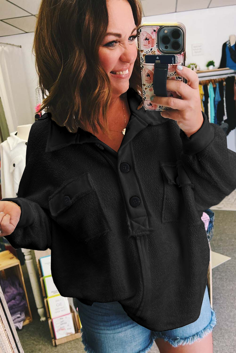 Plus Size Long Sleeve Flap Pocket Henley Top | Black