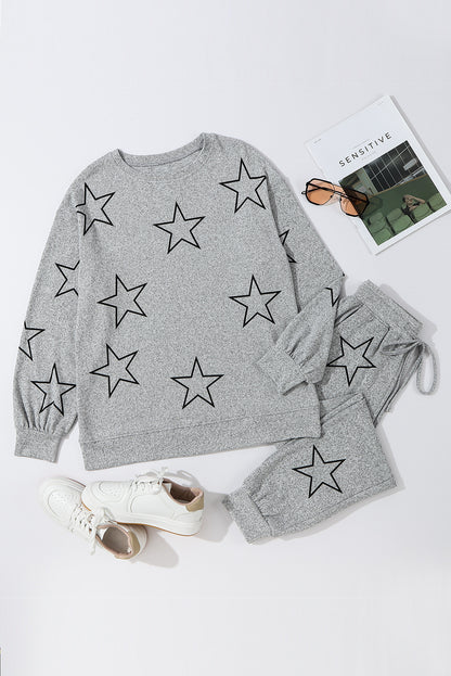 Stars Print Long Sleeve Drawstring High Waist Lounge Set | Gray