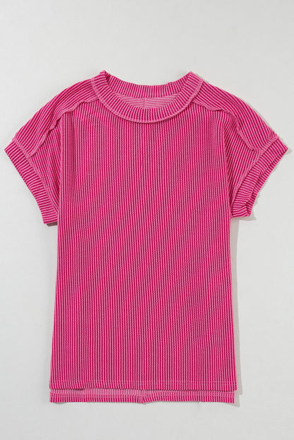 Textured Knit Exposed Stitching T-Shirt | Rose Red