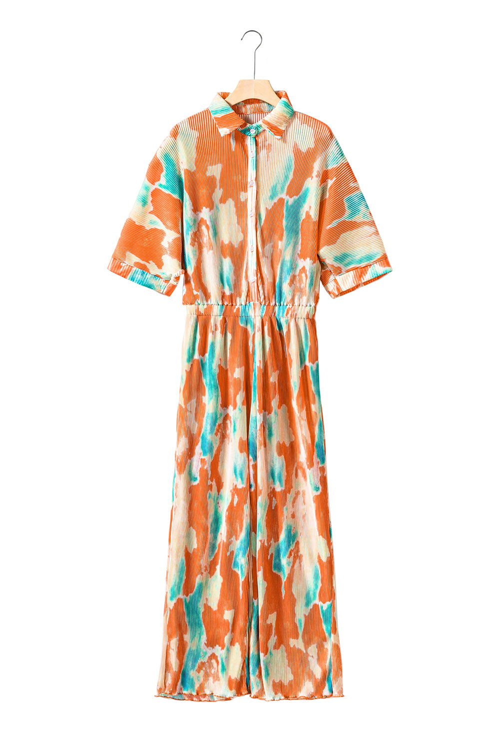 Bohemian Tie Dye Pleated Shirt Collar Loose Jumpsuit | Multicolour