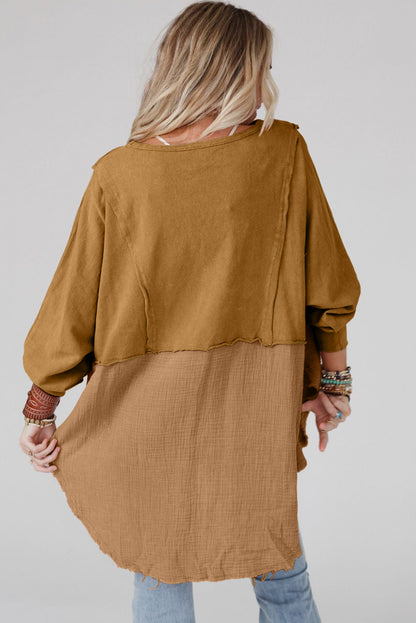 Crinkle Splicing Raw Hem High Low Oversized Blouse | Camel