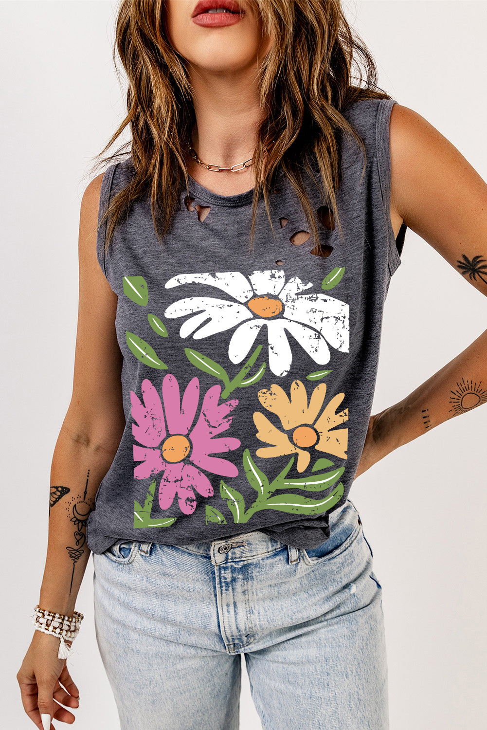 Floral Printed Ripped Crewneck Tank Top | Gray