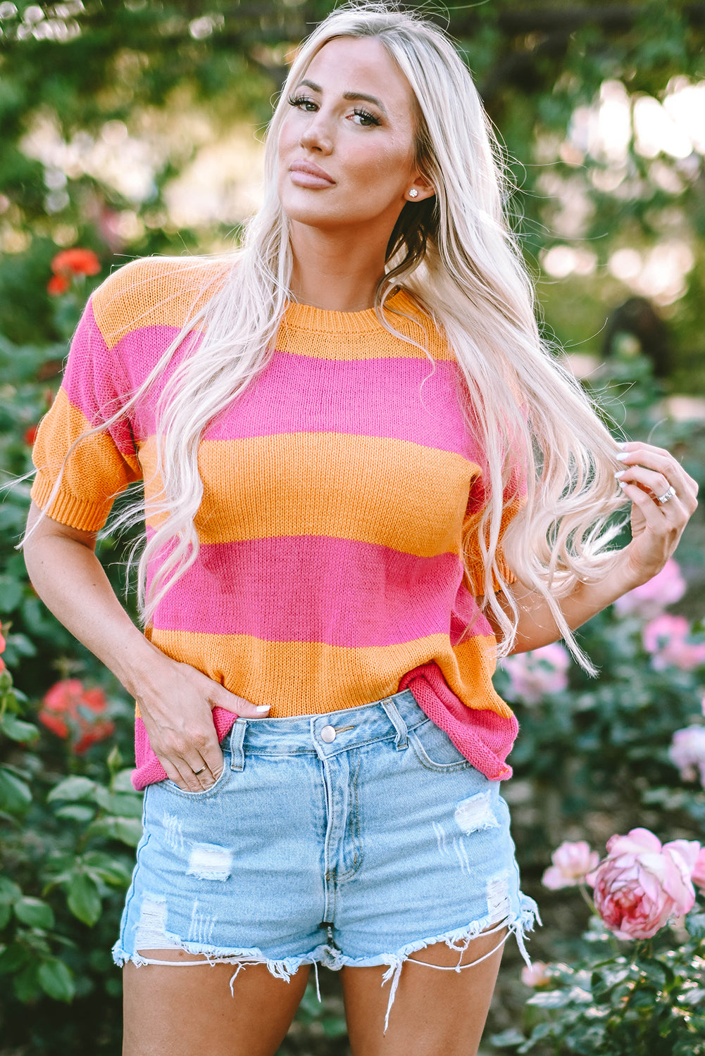 Orange Stripe Color Block Knitted T-shirt Sweater