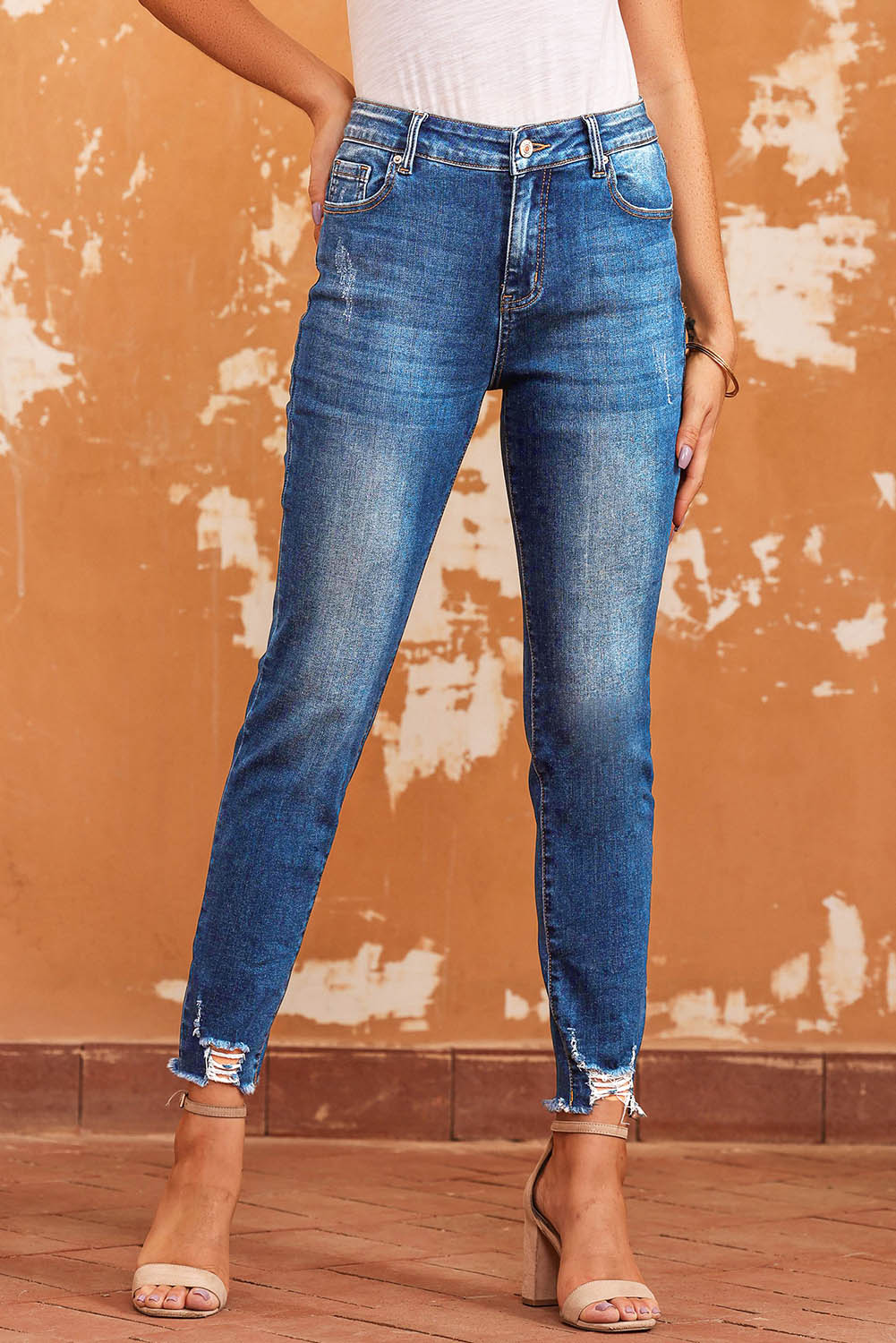 Raw Hem Ankle-Length Skinny Jeans | Blue