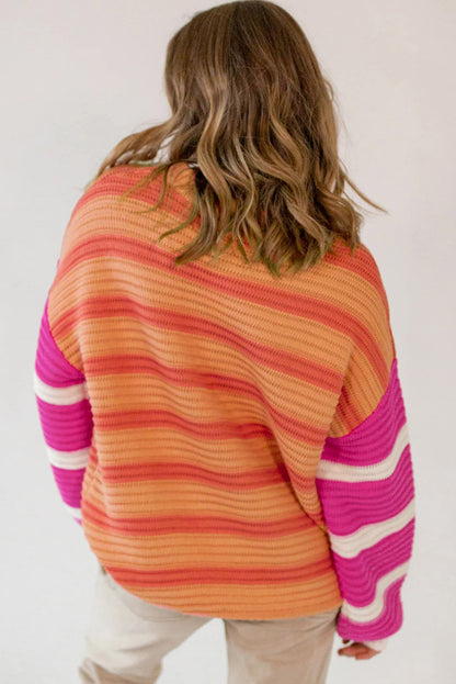 Colourblock Crew Neck Drop Shoulder Loose Sweater | Orange Stripe