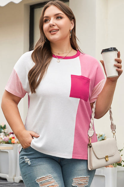 Colourblock Patchwork Plus Size T-Shirt | Peach Blossom