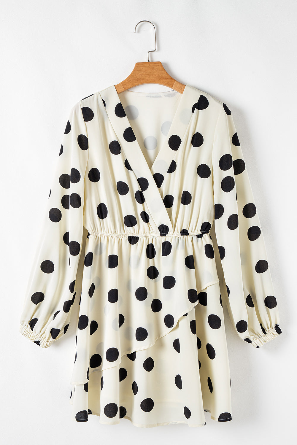 Polka Dot Printed Surplice V Neck Puff Sleeve Mini Dress | Beige