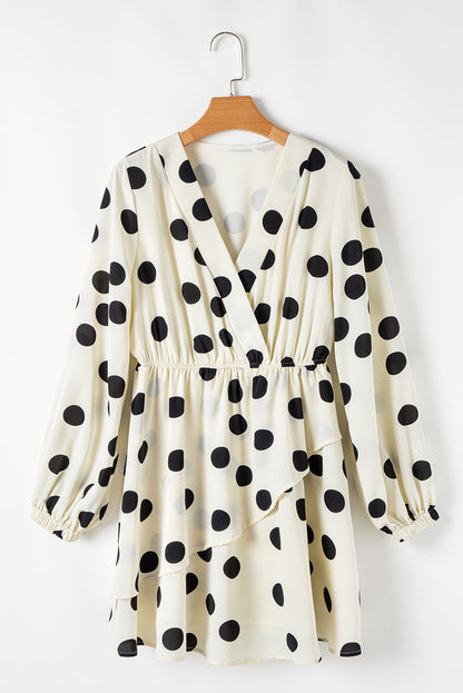 Polka Dot Printed Surplice V Neck Puff Sleeve Mini Dress | Beige