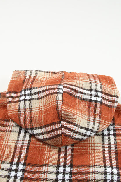 Plaid Pattern Sherpa Lined Hooded Shacket | Orange