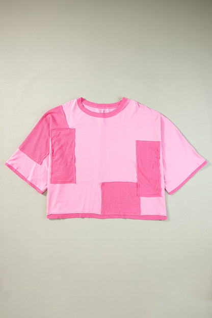 Colour Block Patchwork 3/4 Sleeve Loose Top | Pink