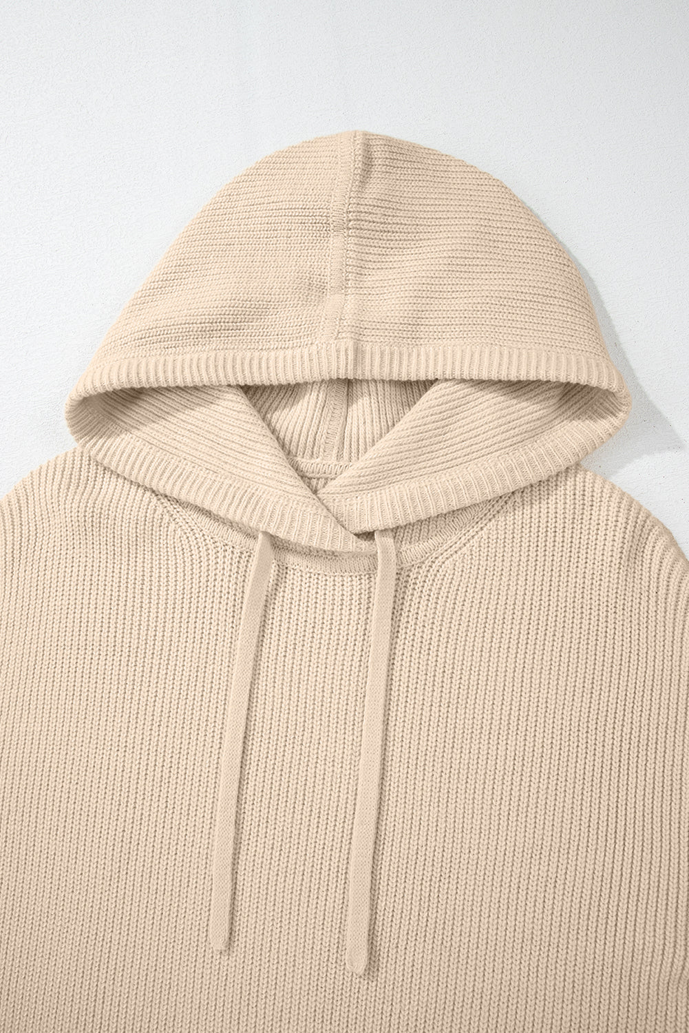 Solid Colour Drawstring Hooded Drop Shoulder Pullover Sweater | Beige