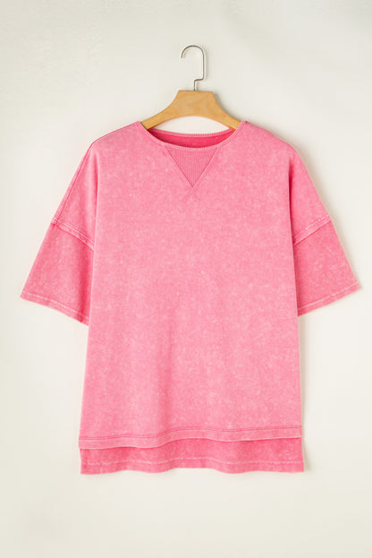 Mineral Wash Drop Sleeve Patchwork Plus Tee | Strawberry Pink