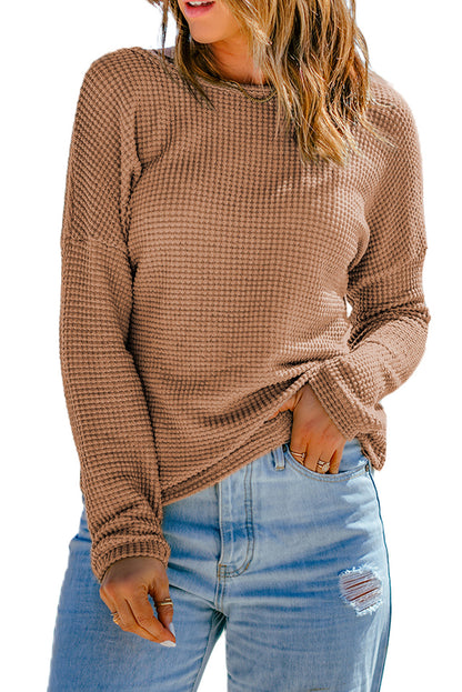 Waffle Knit Drop Shoulder Long Sleeve Top | Khaki