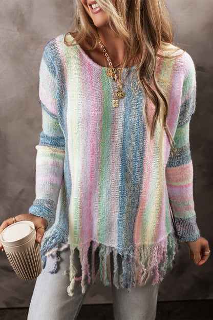 Colour Block Fringed Drop Shoulder Tunic Sweater | Purple