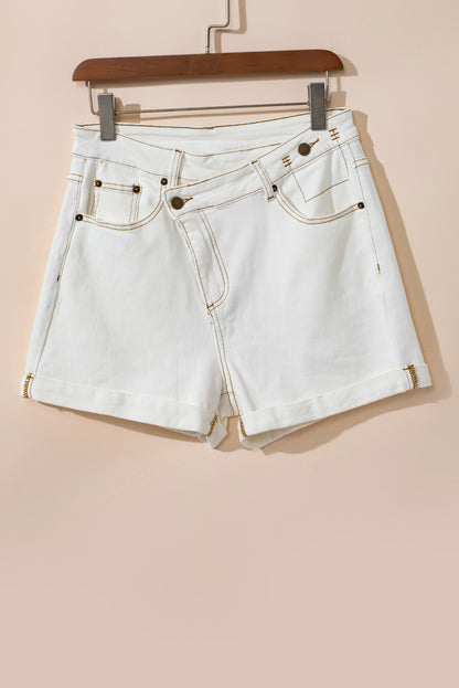 Asymmetric Waist Design Stylish Denim Shorts | White