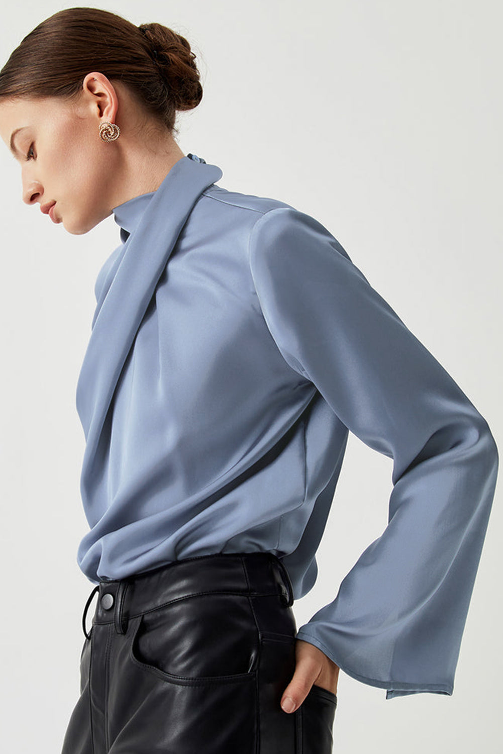 Asymmetric Pleated Turtleneck Bell Sleeve Blouse | Ivy