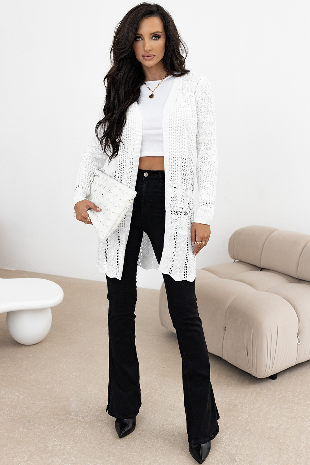 Crochet Hollow Out Open Front Cardigan | White