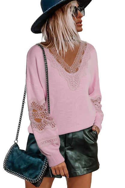 Hollowed Lace Splicing V Neck Loose Sweater | Pink