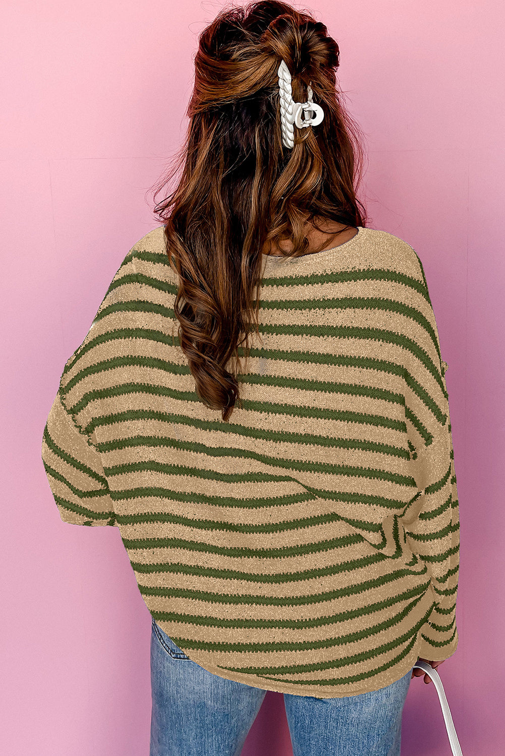 Drop Shoulder Casual Sweater | Khaki Stripe