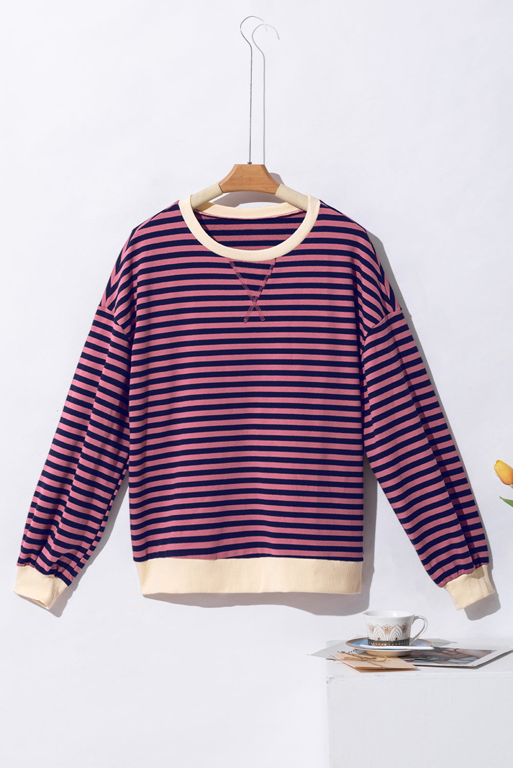 Oversized Contrast Trim Pullover Sweatshirt | Red Stripe