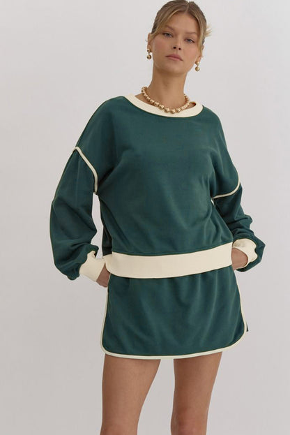 Colour Contrast Loose Pullover And Lace-Up Waist Skort Set | Evergreen