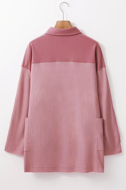 Waffle Long Sleeve Collar Half Button Loose Top | Pink