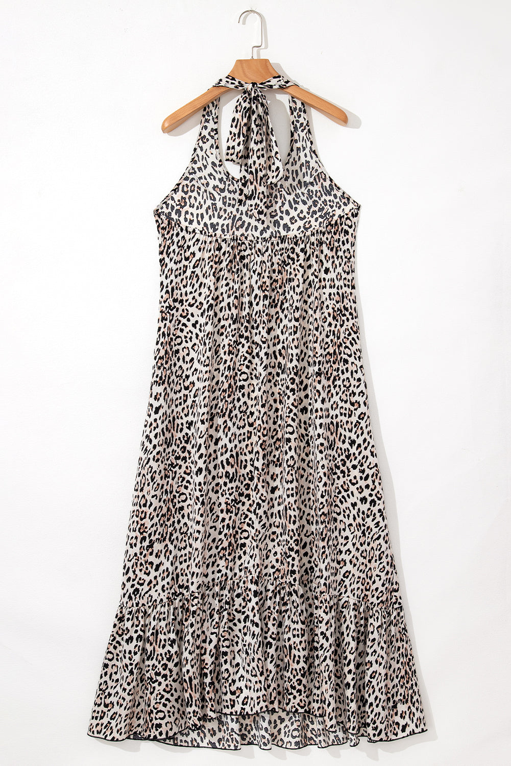 Leopard Printed Halter Neck Backless Ruffled Hem Maxi Dress | Brown