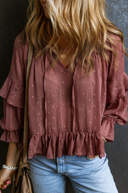 Fiery  Swiss Dot Lace Up V Neck Ruffled Blouse | Red