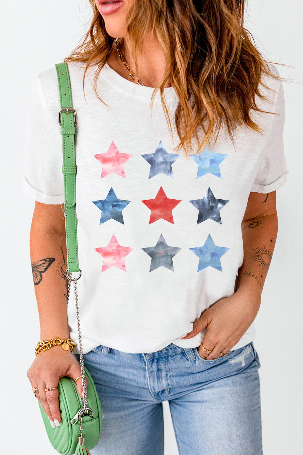 Flag Day Stars Print Crew Neck T Shirt | White