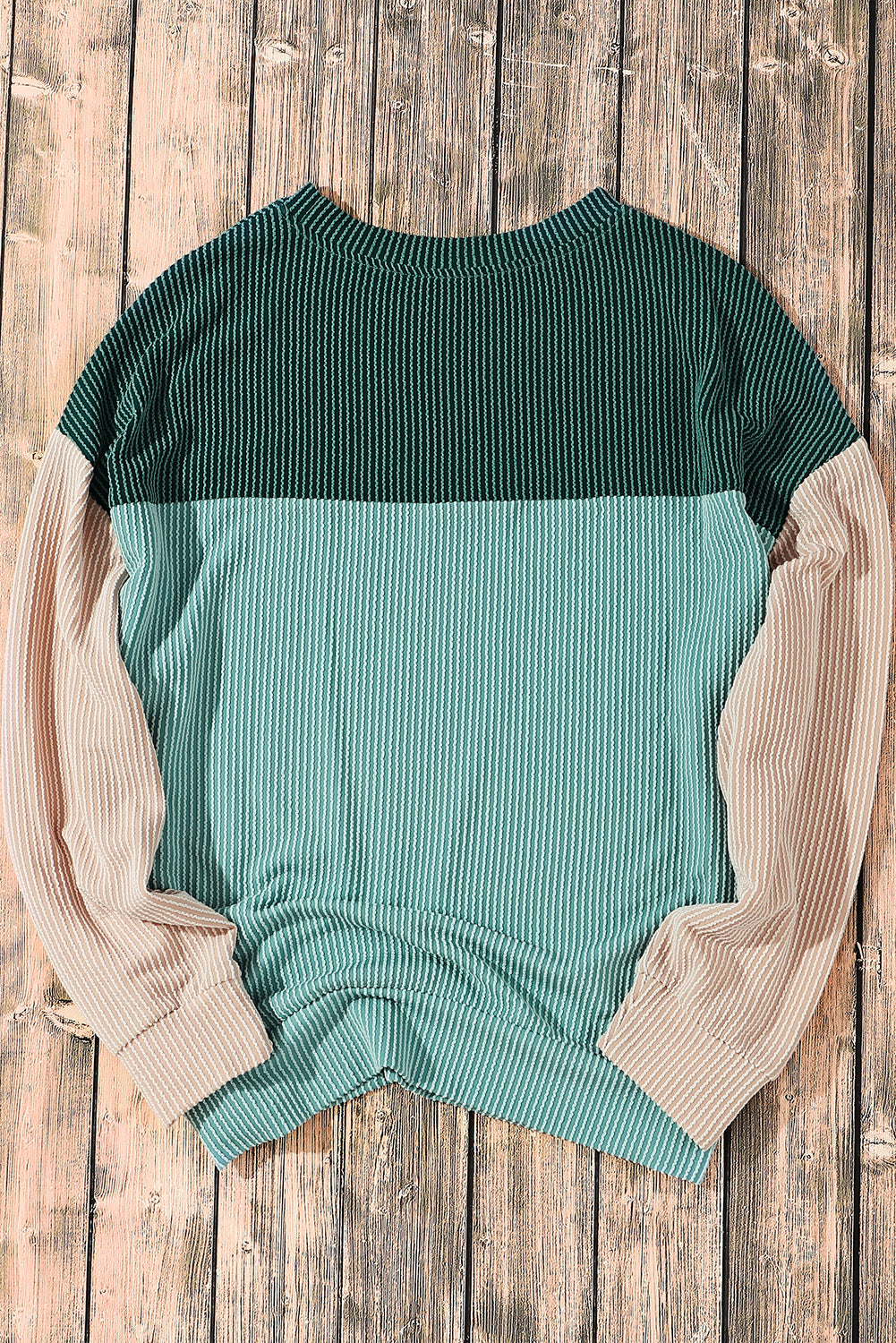 Colour Block Long Sleeve Ribbed Loose Top | Green