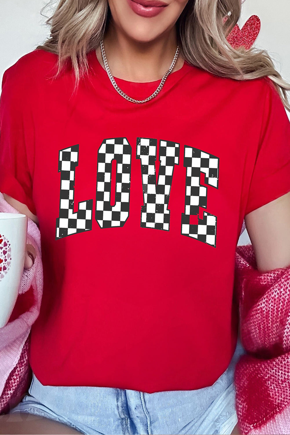 Red Checkered LOVE Letter Graphic Valentines T Shirt