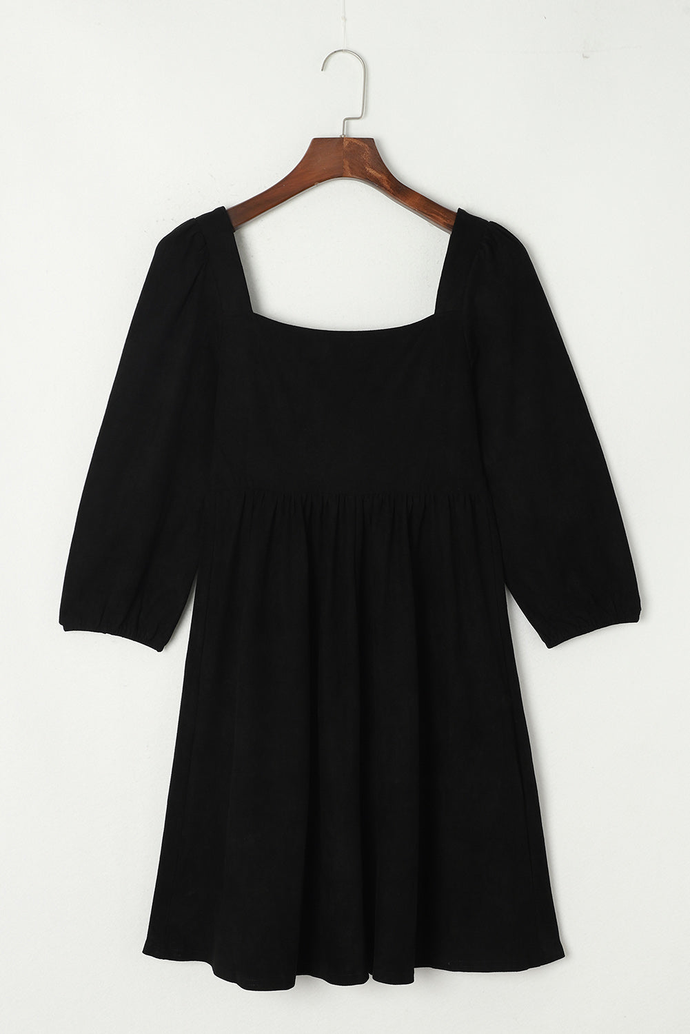 Suede Square Neck Puff Sleeve Dress | Black