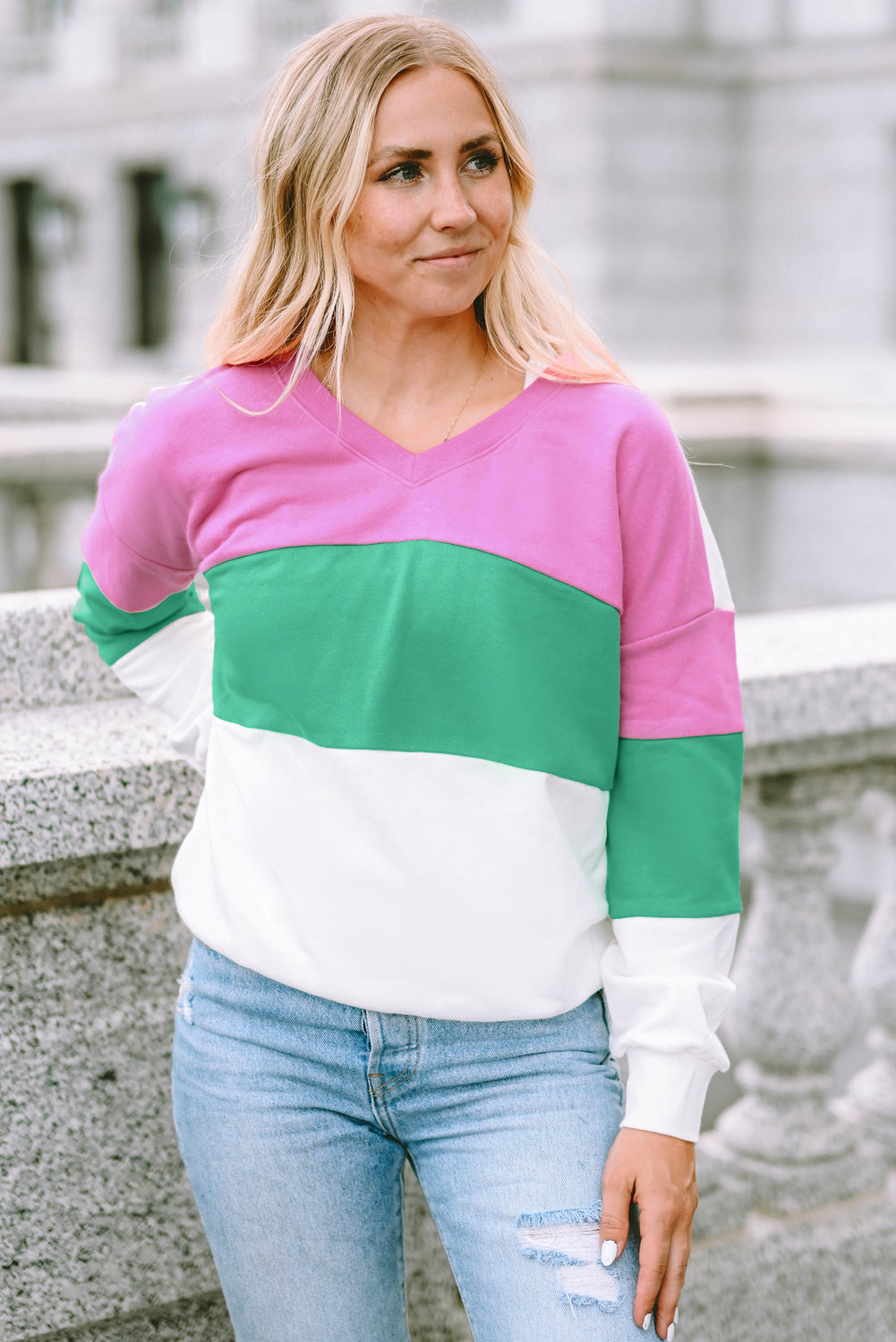 Ribbed V Neck Colour Block Patchwork Sweatshirt | Pink